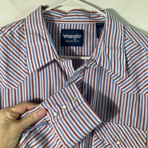 Mens Wrangler Western Pearl Snap Striped Shirt Red White Blue 2XL Cotton Polyest - Picture 4 of 11